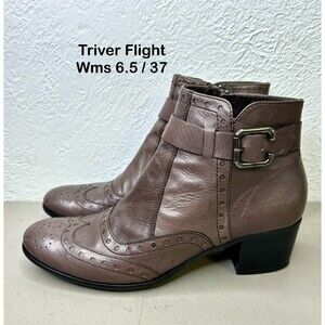 Triver Flight Gray Leather Wingtip Brogue Zip Ankle Bootie Womens Size 6.5/37‎